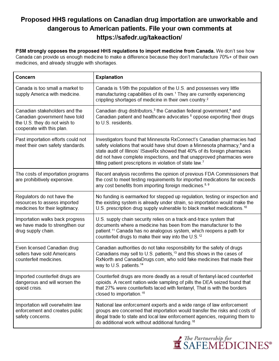 Thumbnail image of PSM HHS one pager on dangers of Canadian drug importation.