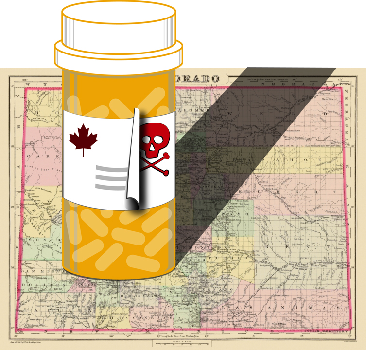 map of colorado with pill bottle displaying a maple leaf label. The label peels back to show a poison symbol