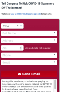 Screenshot: Tell Congress to kick COVID-19 scammers off the Internet!