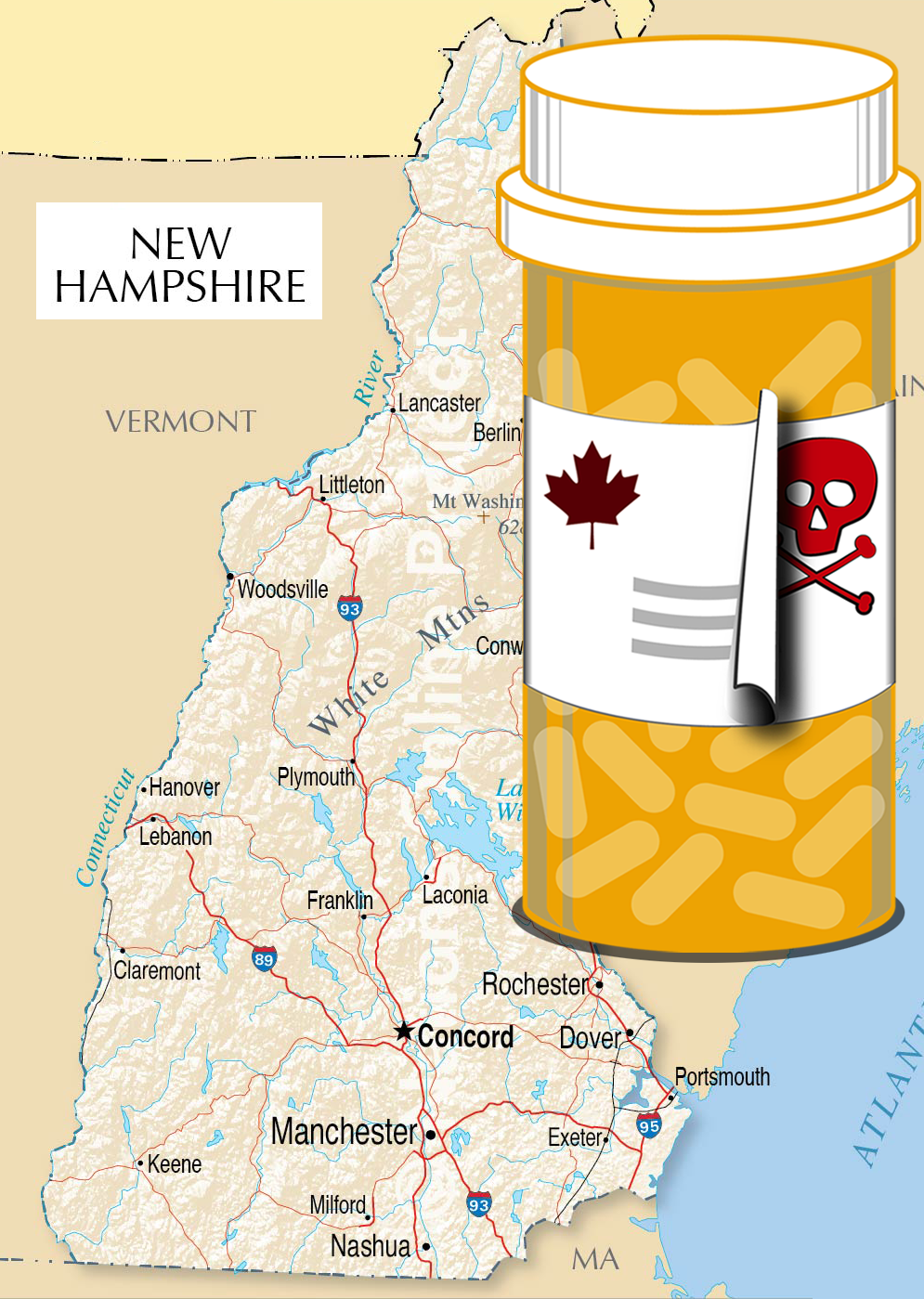 map of New Hampshire with a bottle of poisonous Canadian pills