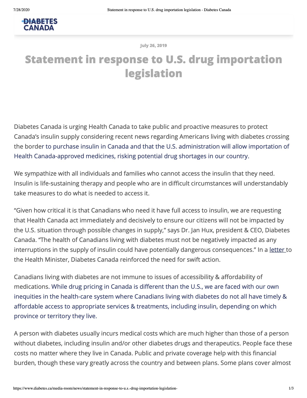 <a href="https://www.diabetes.ca/media-room/news/statement-in-response-to-u.s.-drug-importation-legislation-">Diabetes Canada's response<br> to U.S. importation,<br>  July 2019.</a>