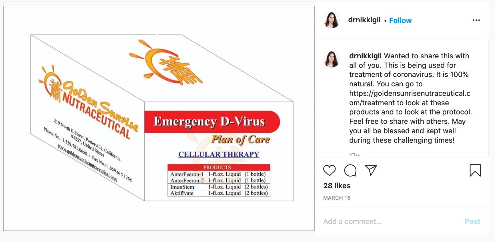Instagram post promoting Emergency D-Virus Plan of Care