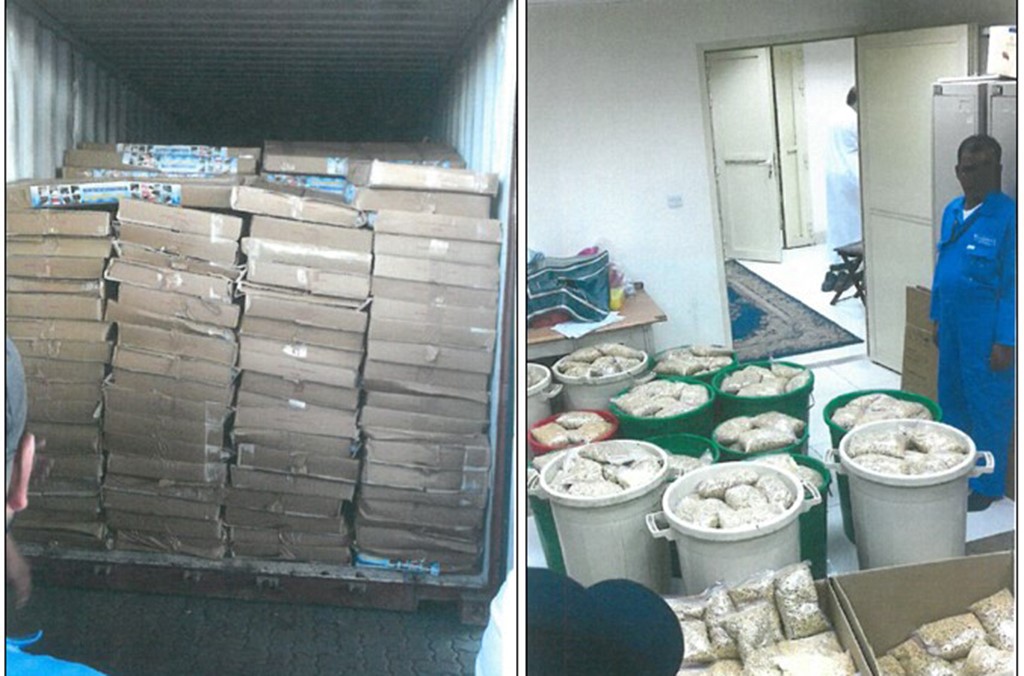 Seized medicines in boxes and buckets