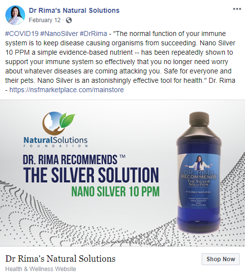 Facebook promotion of false "nano-silver" COVID-19 treatment.