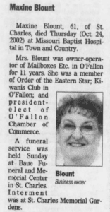 Excerpt of Maxine Blount's Obituary, St. Louis Post-Dispatch, October 28, 2002