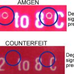 Comparison of temperature listing on legitimate and counterfeit Epogen labels
