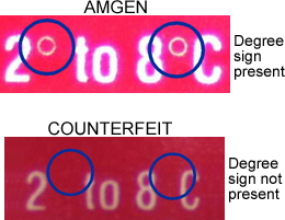 Comparison of temperature listing on legitimate and counterfeit Epogen labels