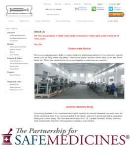 Screenshot of the "About Us" page for an international pill press vendor