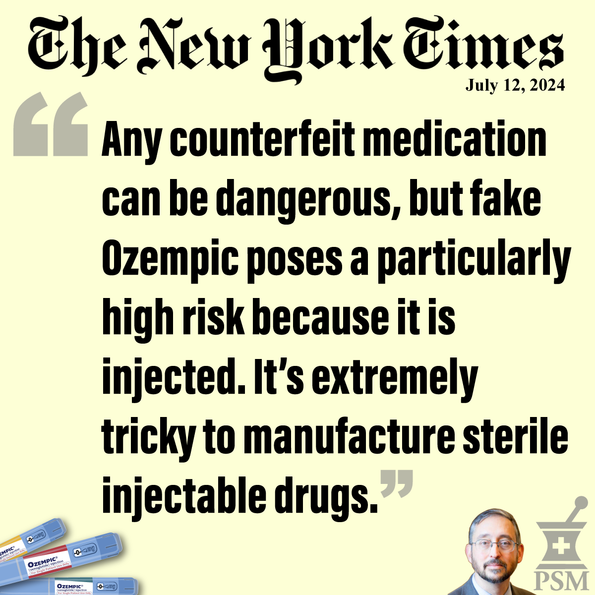Any counterfeit medication can be dangerous, but fake Ozempic poses a particularly high risk because it is injected. It’s extremely tricky to manufacture sterile injectable drugs.