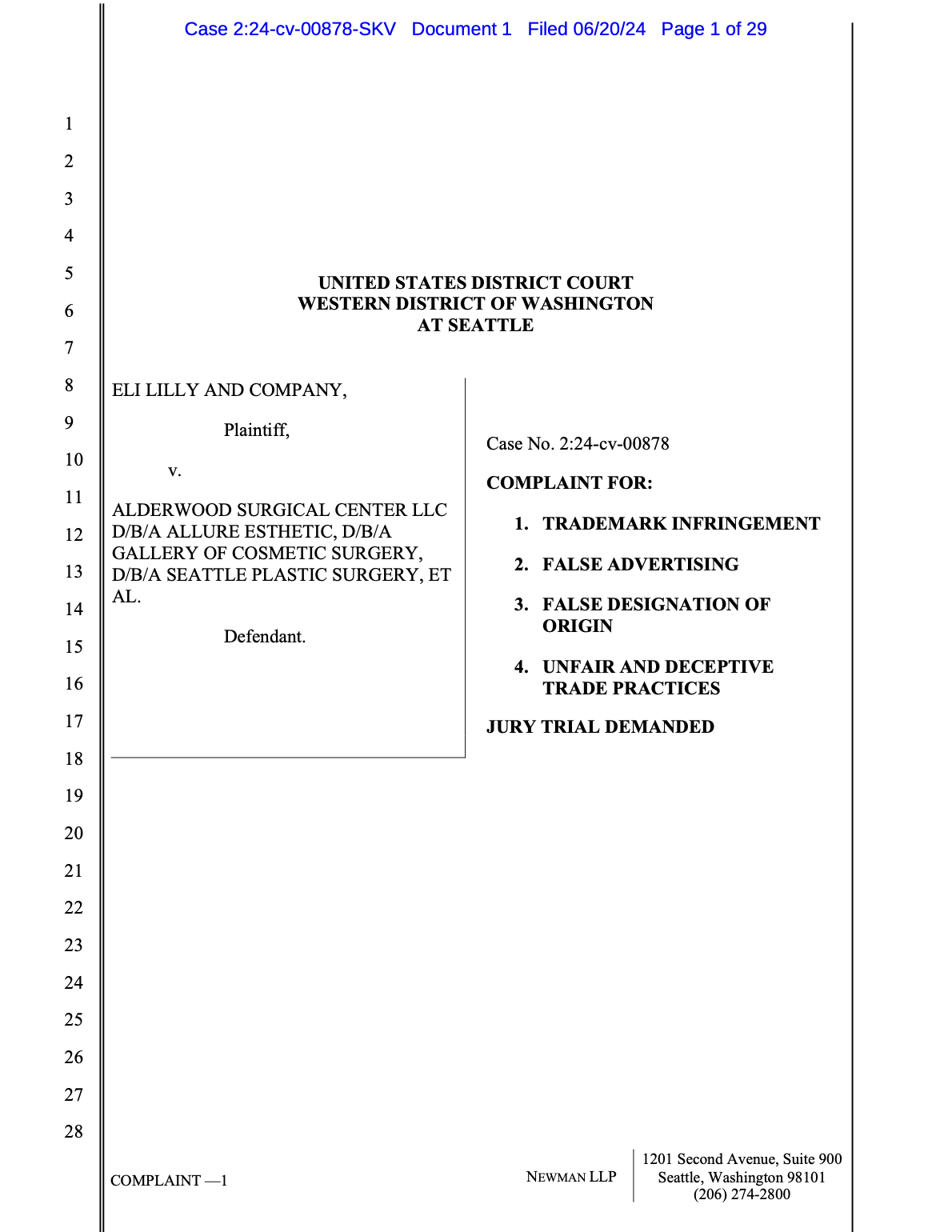 <a href="https://www.safemedicines.org/wp-content/uploads/2019/09/Eli-Lilly-v-Alderwood-Surgical-Center-Complaint.pdf">Eli Lilly v Alderwood Surgical Center</a><br>Filed in Washington, June 20, 2024