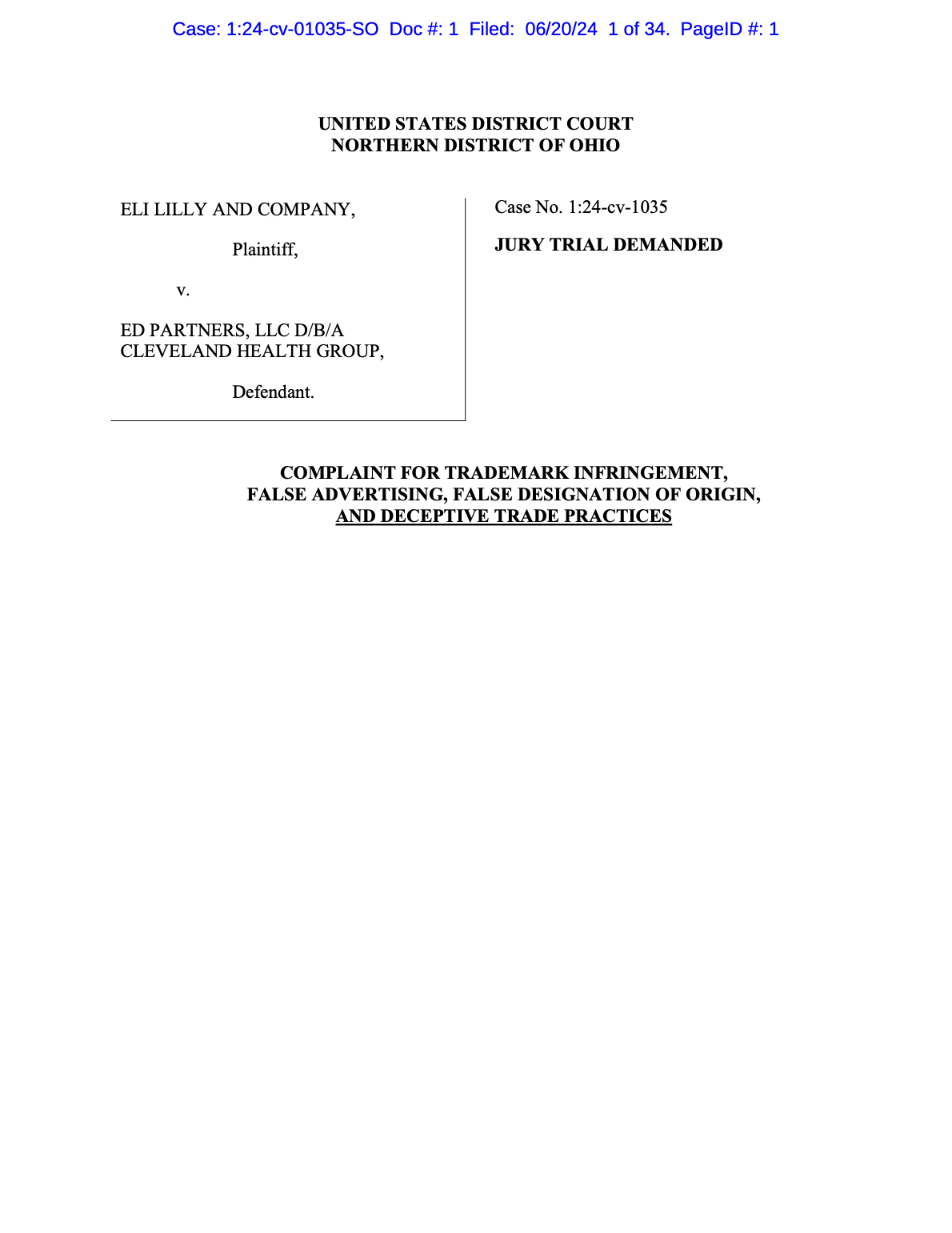 <a href="https://www.safemedicines.org/wp-content/uploads/2019/09/Eli-Lilly-v-Ed-Partners-Complaint.pdf">Eli Lilly v Ed Partners</a><br>Filed in Ohio, June 20, 2024