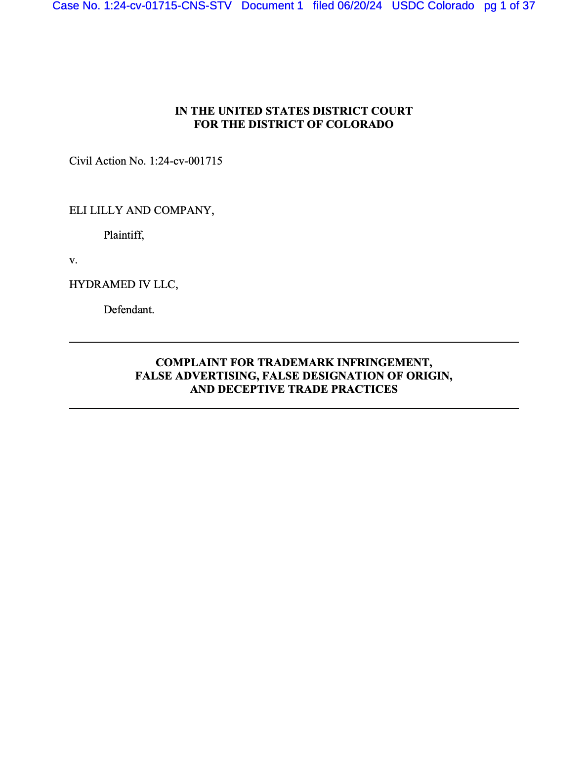 <a href="https://www.safemedicines.org/wp-content/uploads/2019/09/Eli-Lilly-v-Hydramed-Complaint.pl_.pdf">Eli Lilly v Hydramed IV </a><br>Filed in Colorado, June 20, 2024