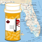 Map of Florida with a pill bottle displaying a maple leaf. As it peels away, the label shows a poison symbol