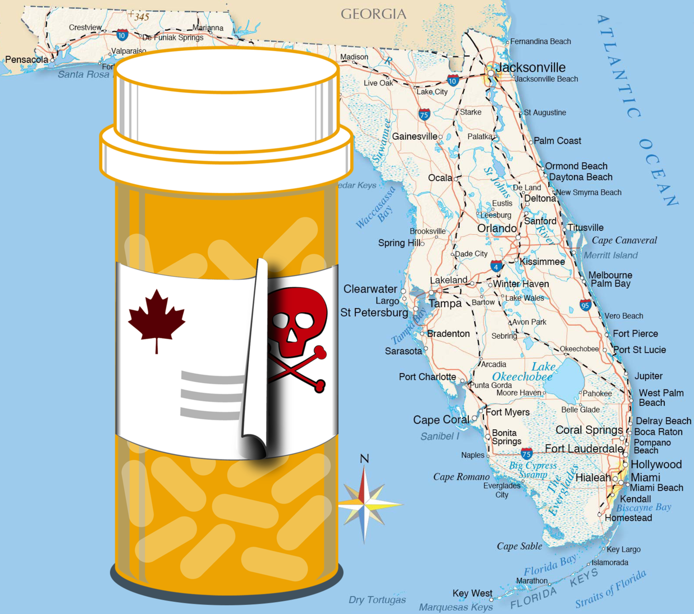 Map of Florida with a pill bottle displaying a maple leaf. As it peels away, the label shows a poison symbol