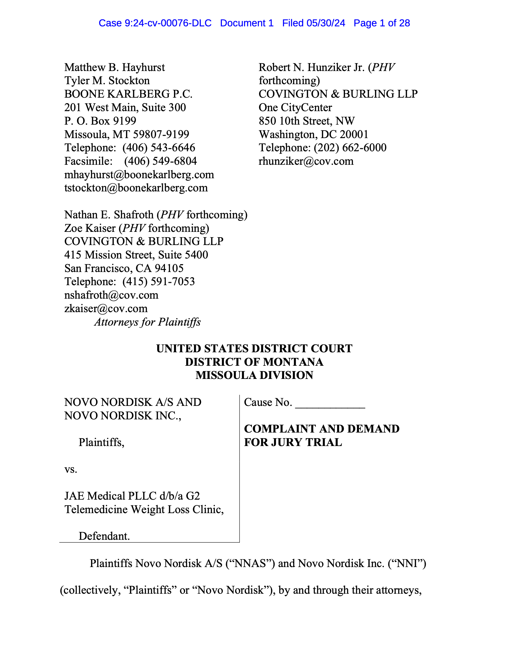 <a href="https://www.safemedicines.org/wp-content/uploads/2019/09/Novo-Nordisk-v-G2Telemedicine-Complaint.pdf">Novo Nordisk v G2 Telemedicine Weight Loss Clinic </a><br>Filed in Montana, May 30, 2024. 