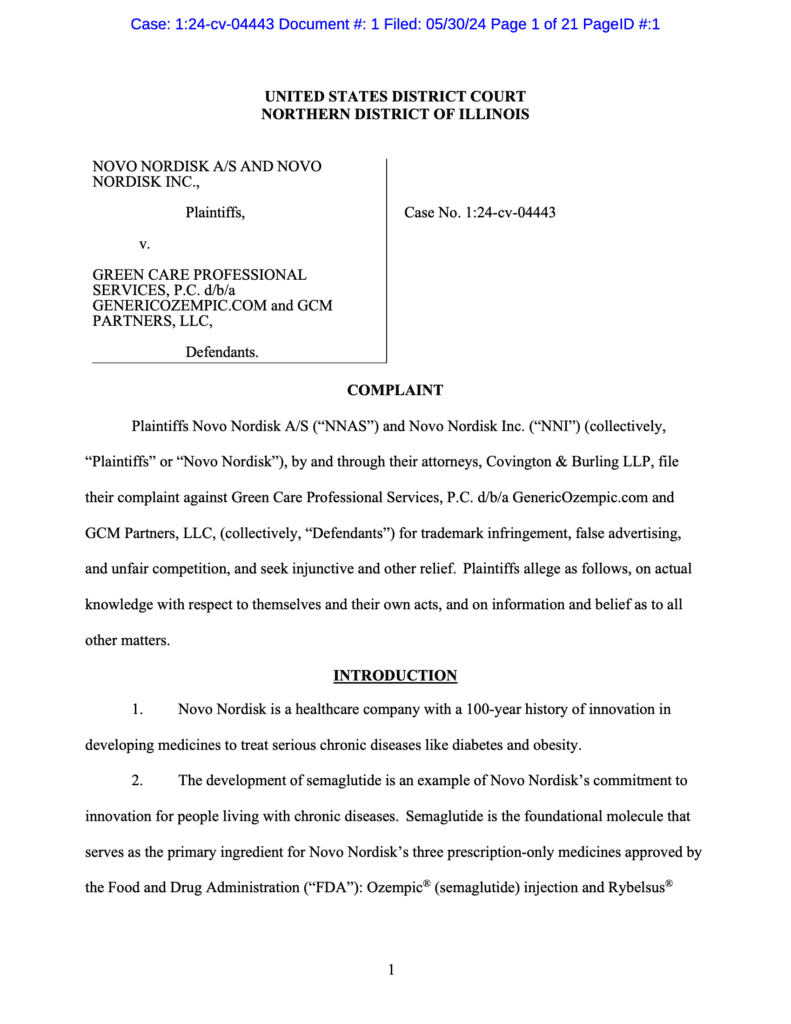 <a href="https://www.safemedicines.org/wp-content/uploads/2019/09/Novo-Nordisk-v-GenericOzempic-Complaint.pdf">Novo Nordisk v GenericOzempic.com</a><br>Filed in Illinois May 30, 2024. 