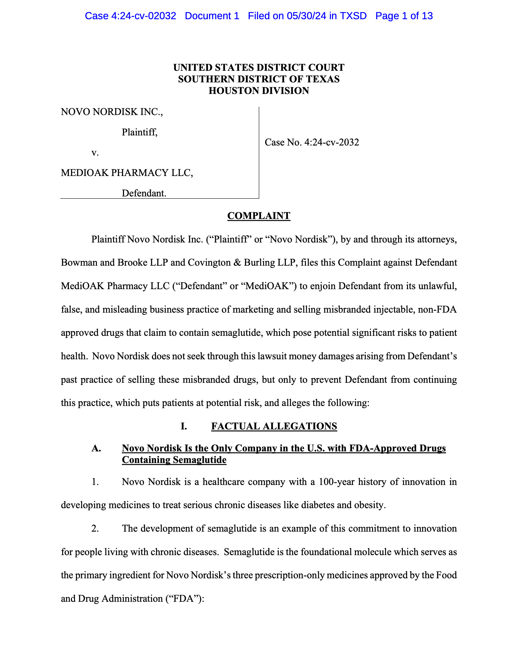<a href="https://www.safemedicines.org/wp-content/uploads/2019/09/Novo-Nordisk-v-MedioakPharmacy-Complaint.pdf">Novo Nordisk v Medioak Pharmacy</a><br>Filed in Texas May 30, 2024