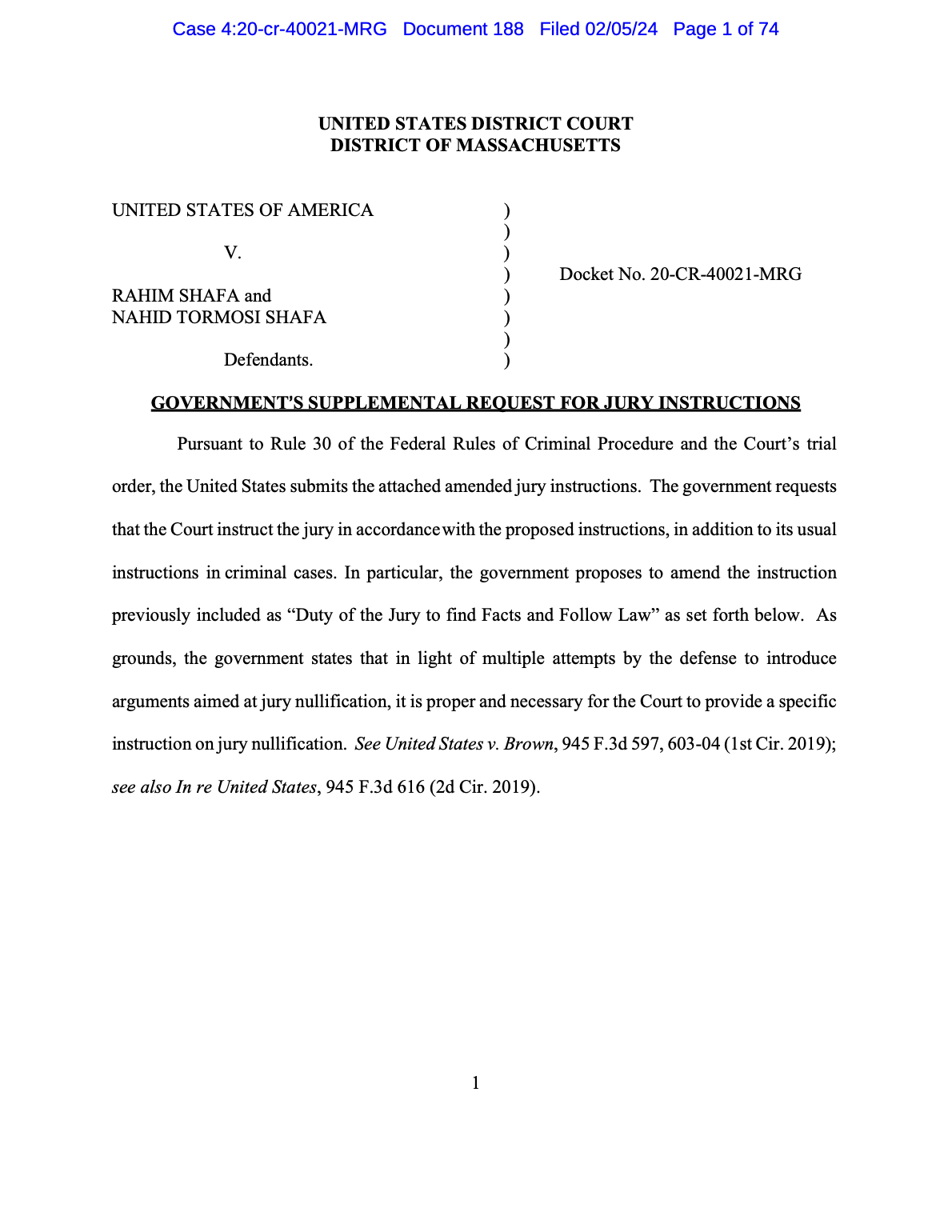 Amended Jury Instructions, USA v Rahim and Nahid Shafa