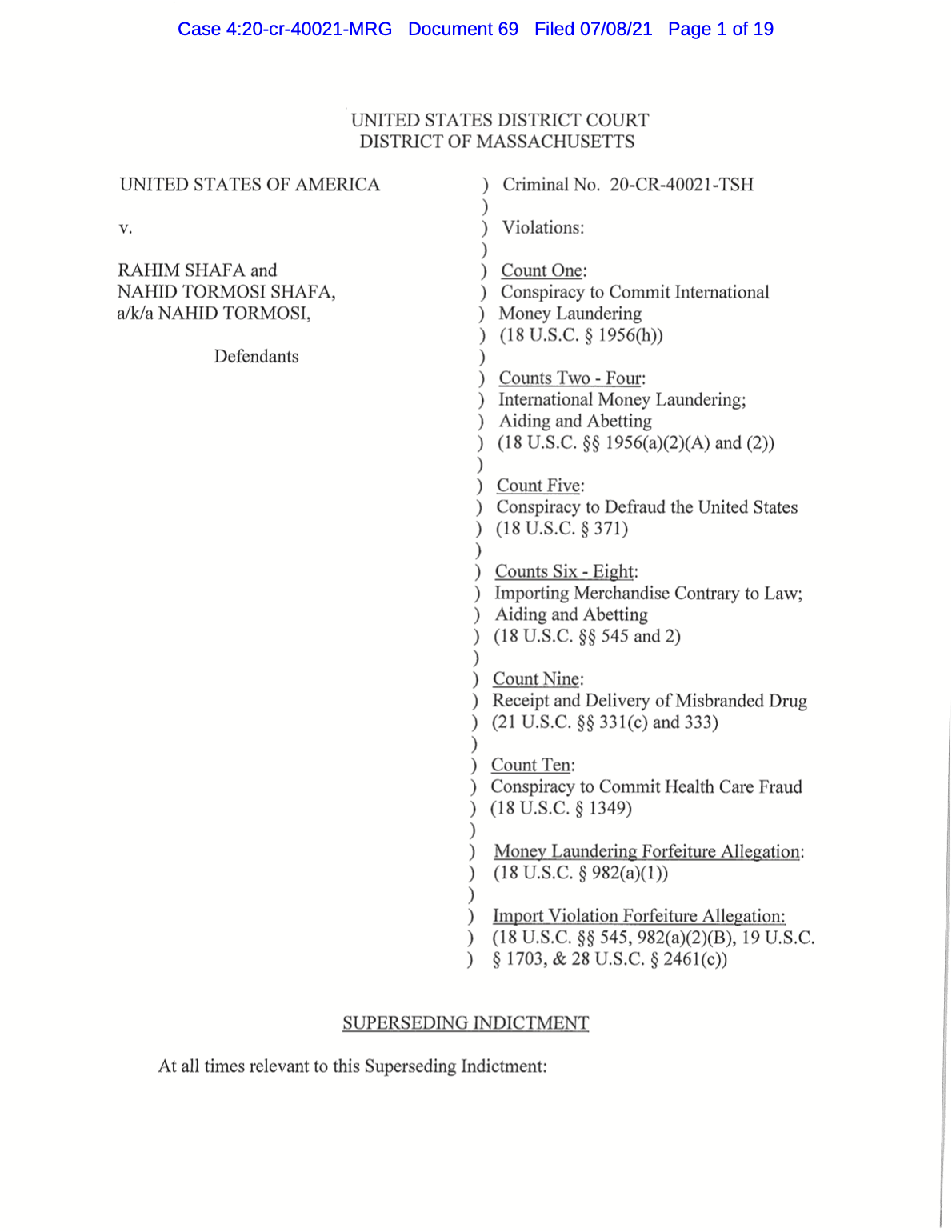 Superseding Indictment, USA v Rahim and Nahid Shafa