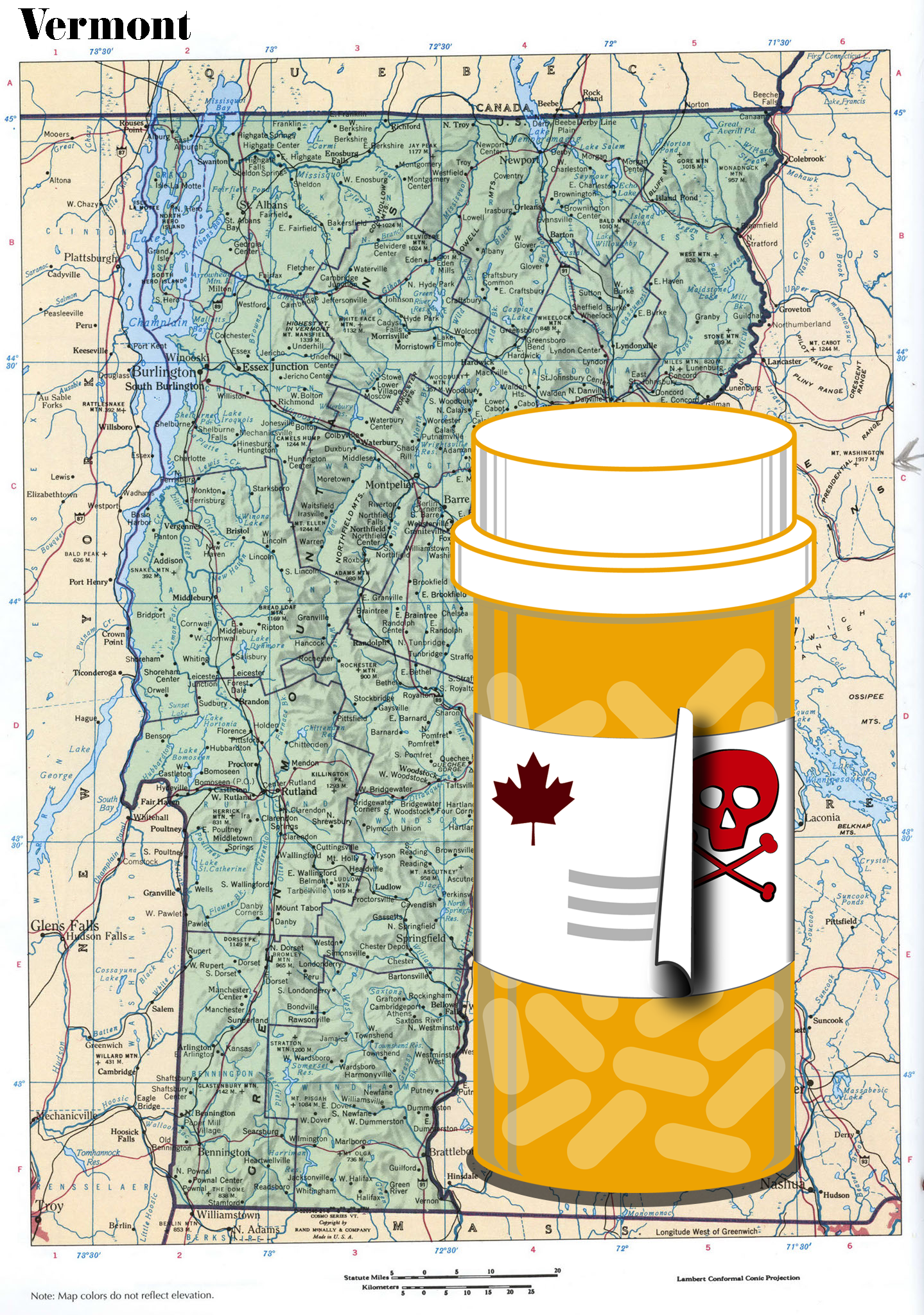 Map of Vermont with a pill bottle displaying a maple leaf. As it peels away, the label shows a poison symbol