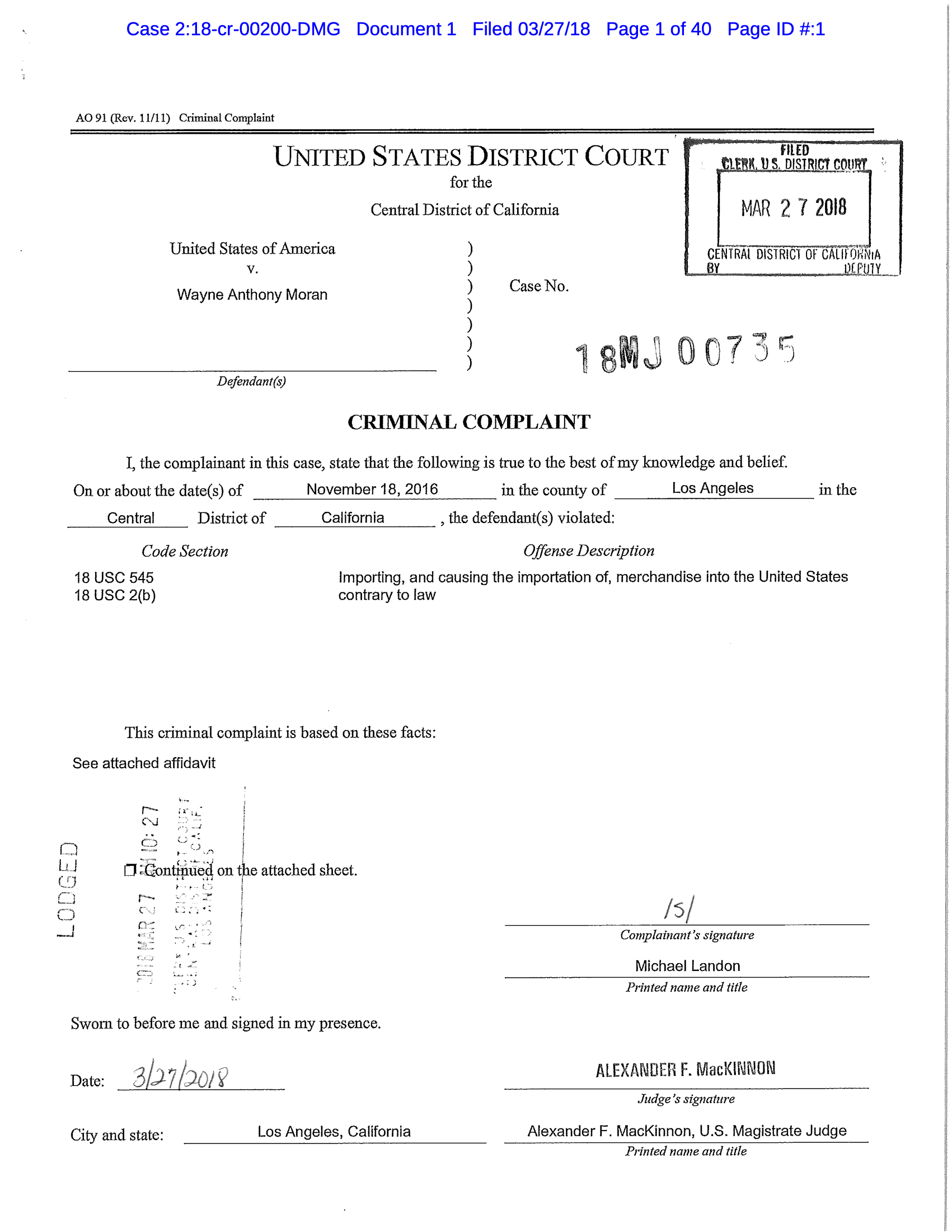 Complaint, USA v Wayne Moran