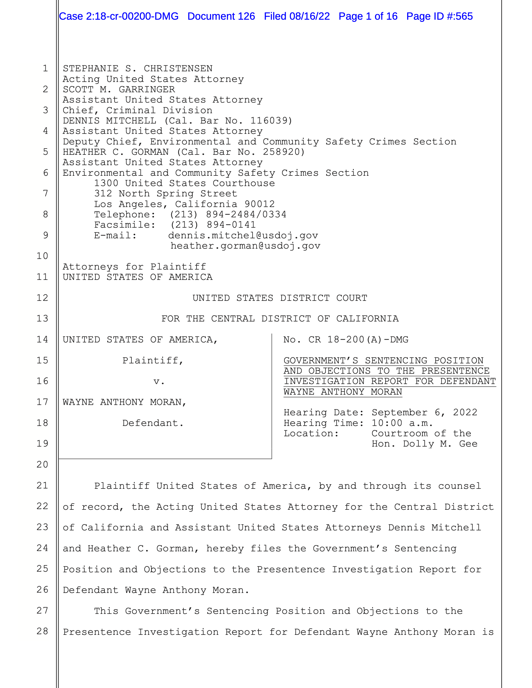 Sentencing Memo, USA v Wayne Moran