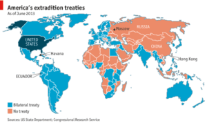 World Map showing extradiction status with the US