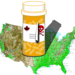 A bottle of poison pills casts a shadow over a map of the U.S.