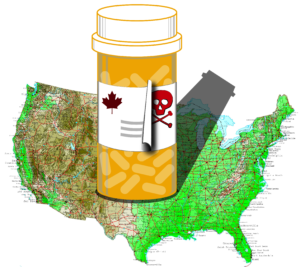 A bottle of poison pills casts a shadow over a map of the U.S.