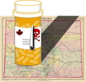 map of colorado with pill bottle displaying a maple leaf label. The label peels back to show a poison symbol