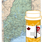 Map of Maine with a pill bottle displaying a maple leaf. As it peels away, the label shows a poison symbol