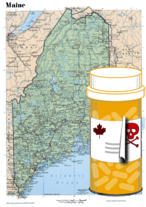 Map of Maine with a pill bottle displaying a maple leaf. As it peels away, the label shows a poison symbol