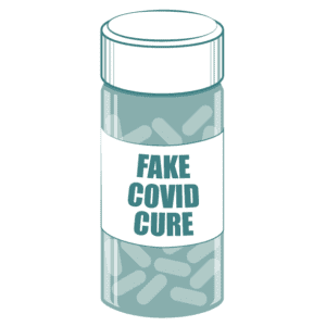 Pill Bottle labeled "Fake COVID Cure"