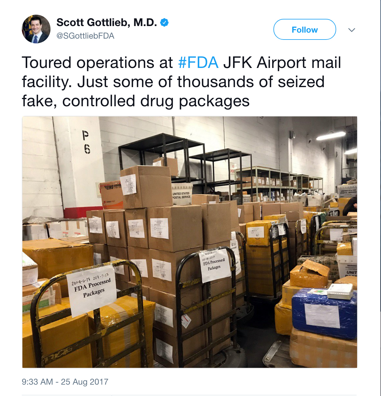 Tweet with photo showing piles of confiscated boxes