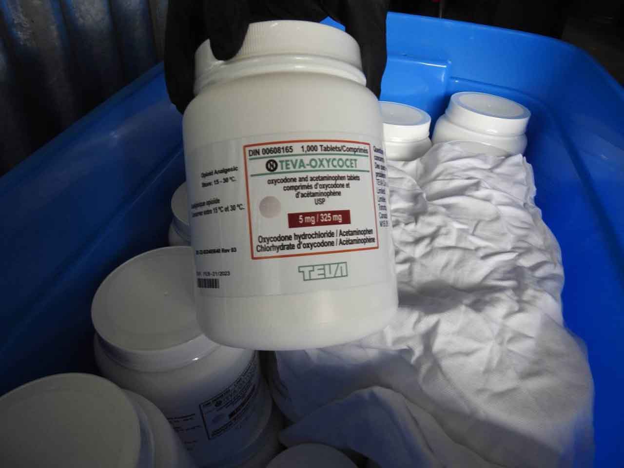 Close up of a counterfeit oxycocet bottle seized in Toronto, June 2020  (Source: OPP Handout)