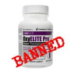 A pill bottle labeled Oxyelite Pro emblazoned with the word "banned: