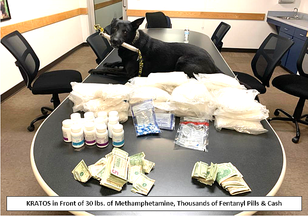 KRATOS_IN_FRONT_OF_30_s_OF_METH__THOUSANDS_OF_FENTANYL_PILLS_t715 Police dog on a table behind a drug seizure