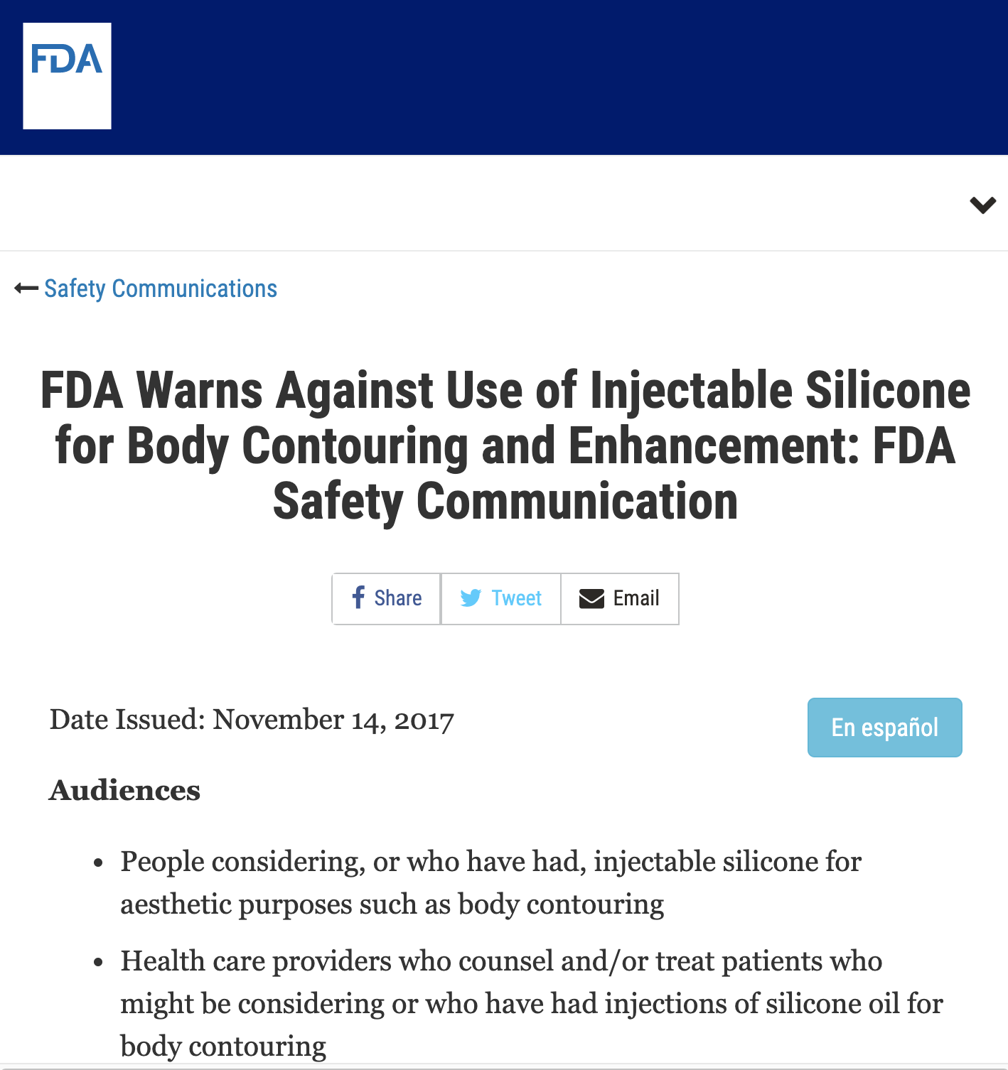 Screenshot of an FDA page