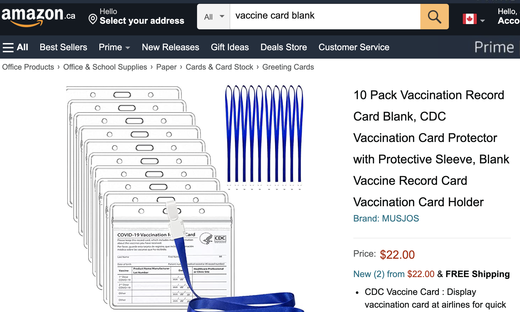Amazon listing for fake vaccine cards