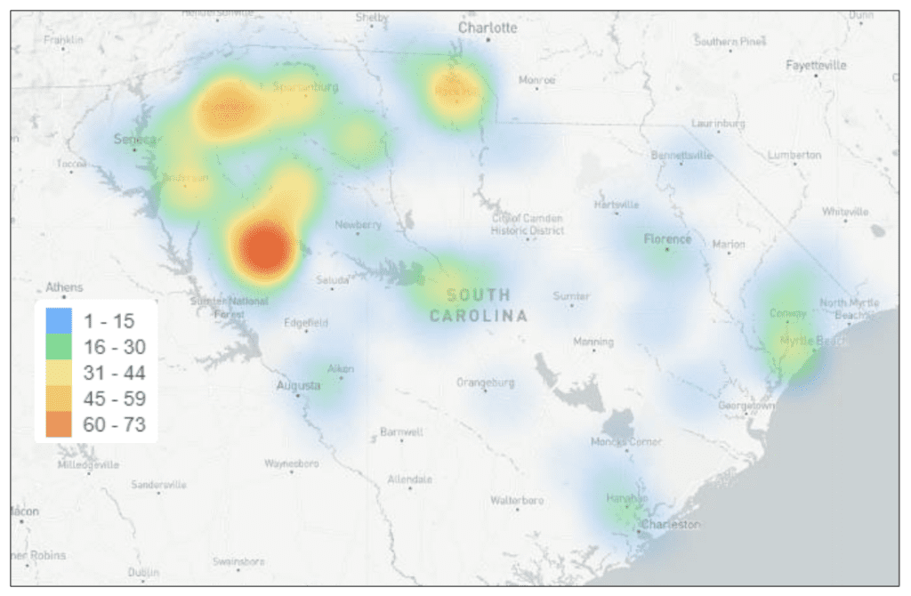 South Carolina hot-spot map showing fentanyl pill poisonings