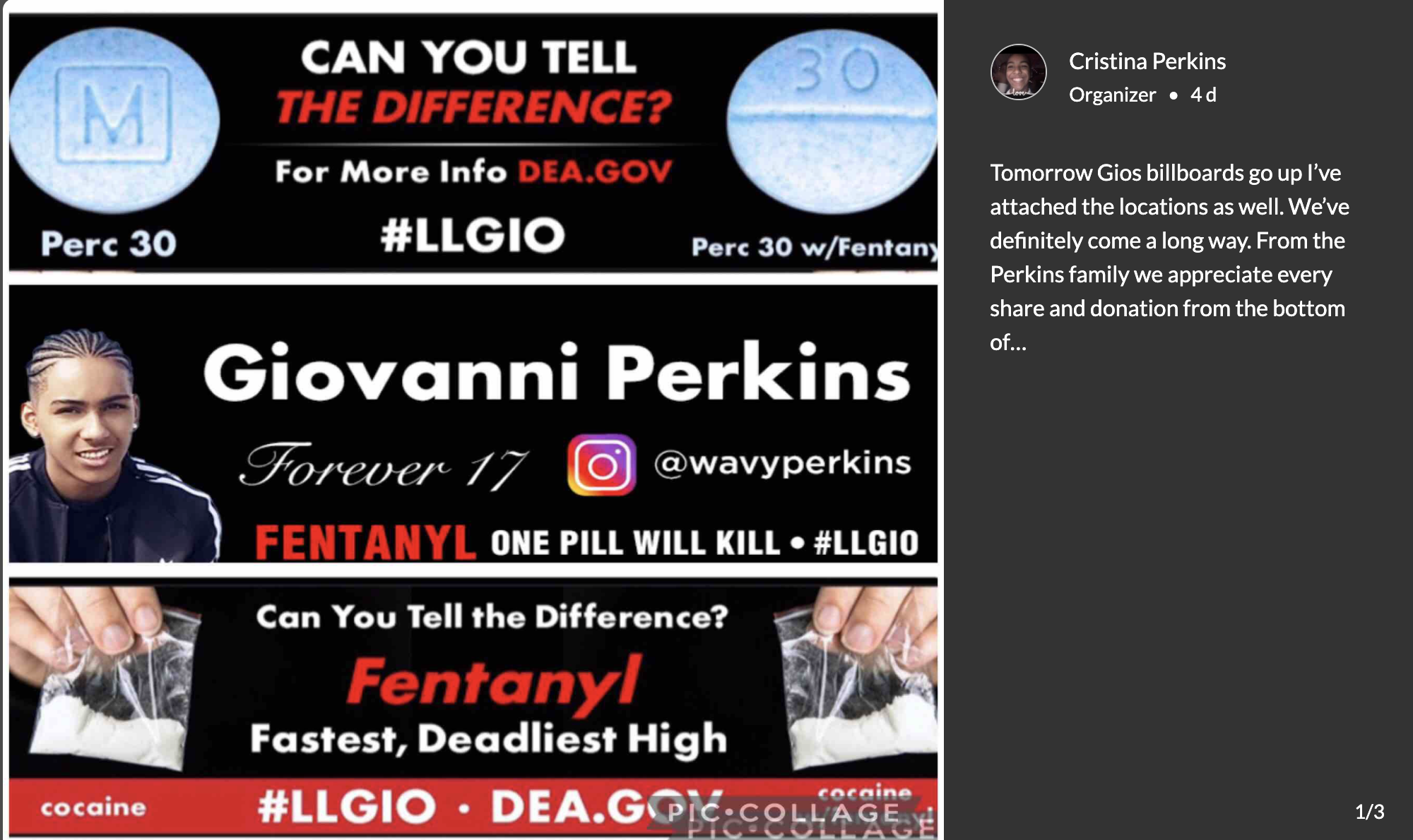 In October 2021, Gio Perkins' family erected ten billboards to warn Las Vegas residents about the threat of the counterfeit pills that killed him. (Image: <a href="https://www.gofundme.com/f/gios-world-awareness-project/update/29064633/gallery/0">GoFundMe</a>