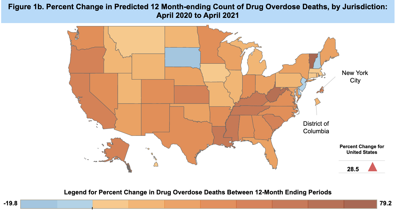 US map showing percent change in predicted 12 Month-ending Count of Drug Overdose Deaths, by Jurisdiction: April 2020 to April 2021