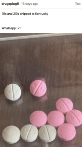 Tumblr post advertising pink and white pills in a baggie