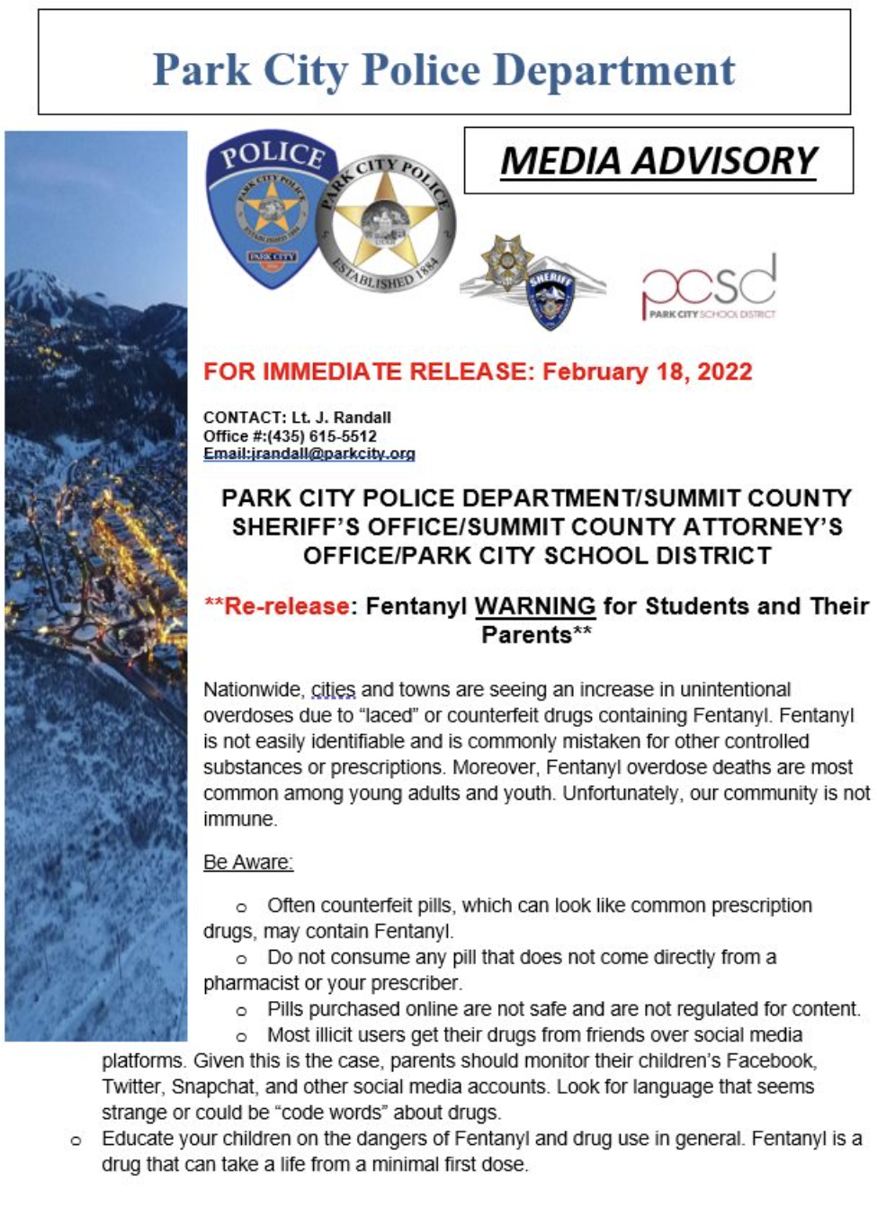 image of warning about fentanyl pills from Park City Utah police