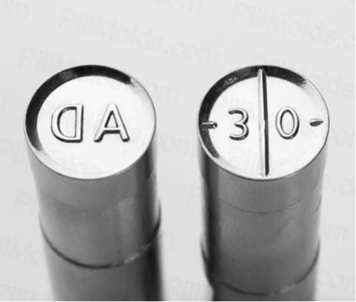 silver cylinders, one embossed with an M in a square; the other with a 30 over a line.
