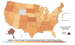 Map of US showing 15% uptick in drug deaths for 2021