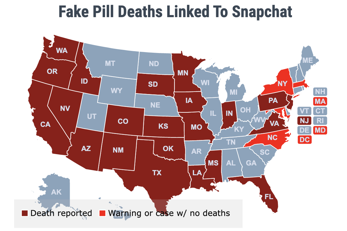 As of June 2022, public sources have reported deaths from counterfeit pills acquired via Snapchat in 22 states.