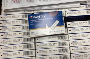 Boxes labeled as Flowflex COVID test kits