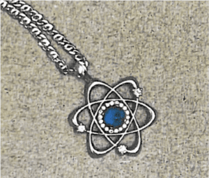 A silver pendant with a blue center