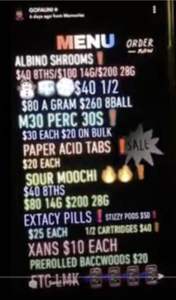 A screenshot of an alleged dealer's drug menu on Snapchat. (SMVLC)